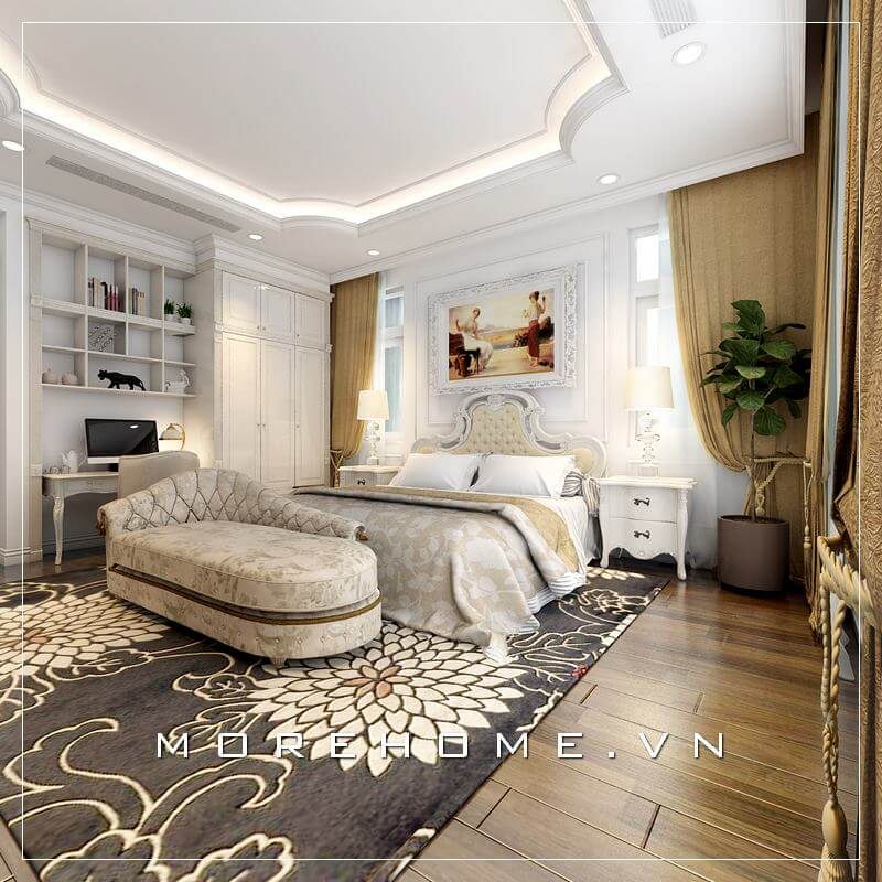 Giường ngủ chung cư tân cổ điển với những đường cong tinh tế mang đến một không gian đậm chất quý tộc châu Âu sang trọng, quyền quý